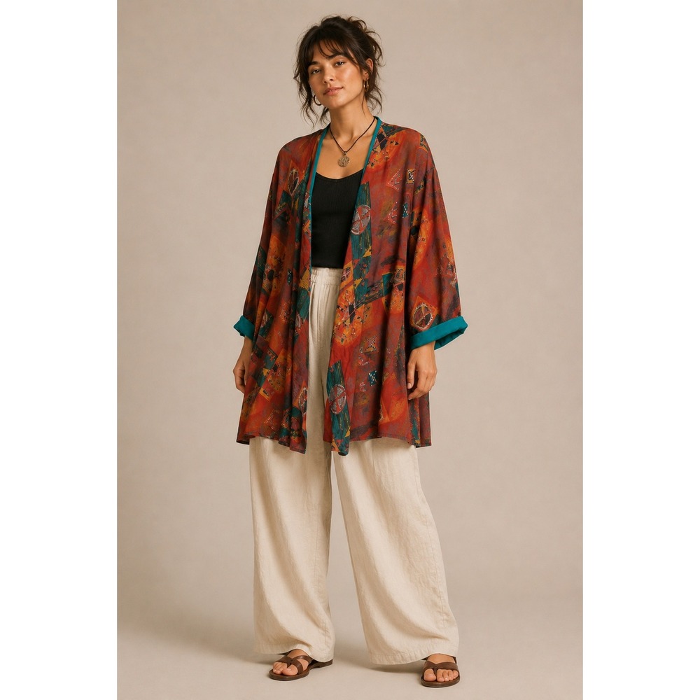 90s Abstract Rayon Duster Cardigan Boho Artsy Open Front Topper L XL Lagenlook